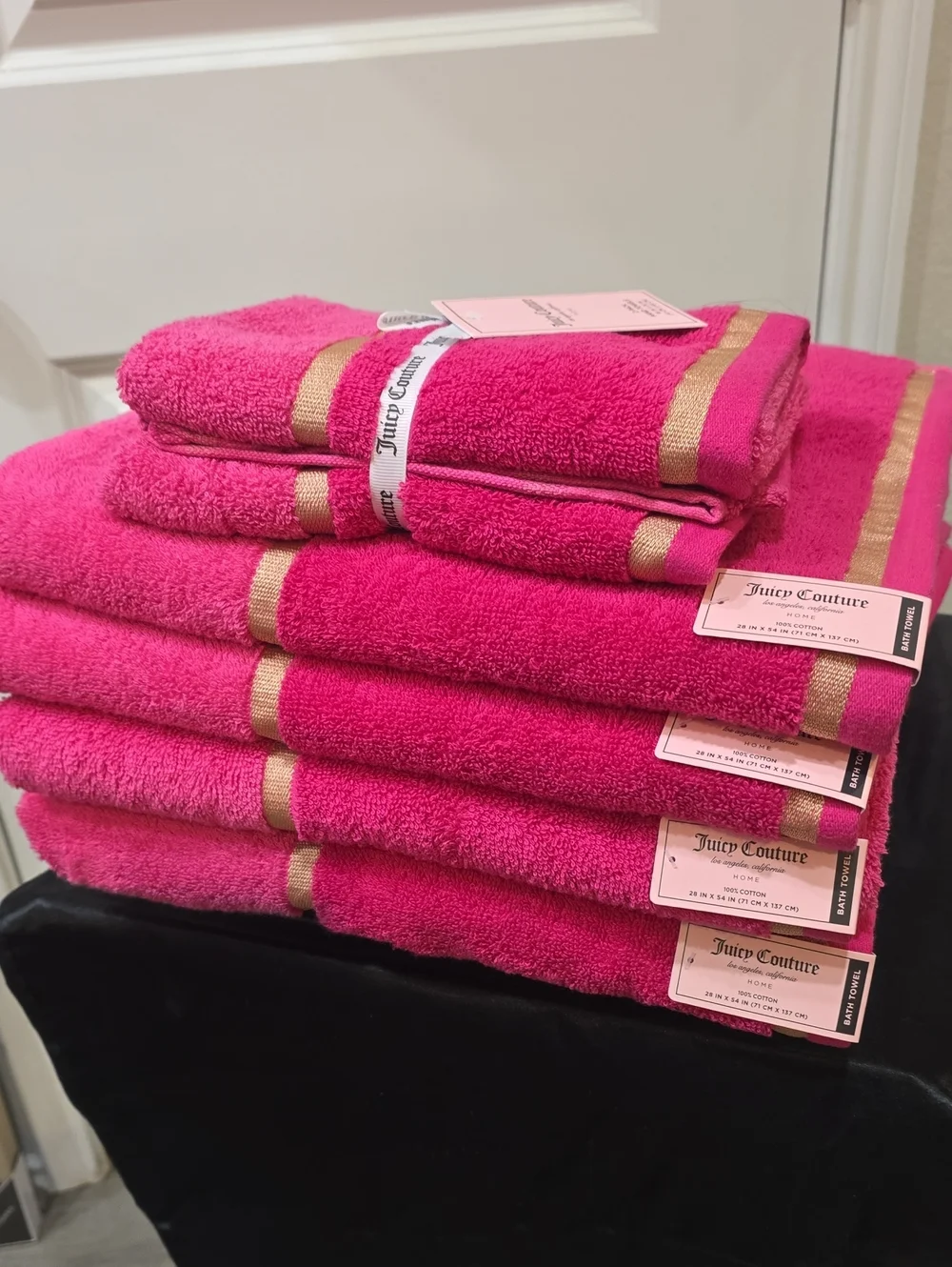Juicy Couture Home Gold Embroidered Double Stripe Plush Bath & Hand Towel Set